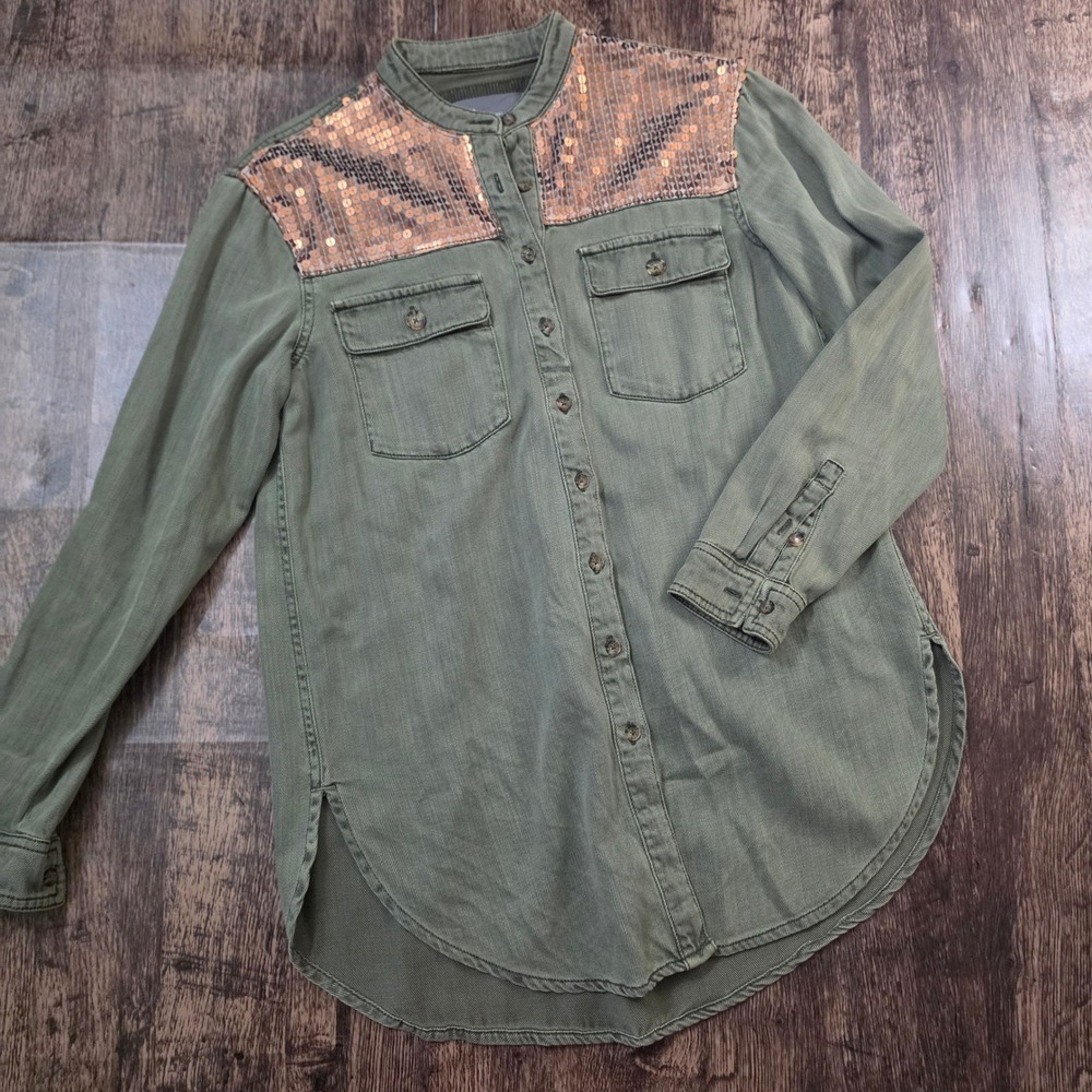 ANTHROPOLOGIE Button Down Shirt Women 0 Olive Green Sequin Utility Tunic Top‎